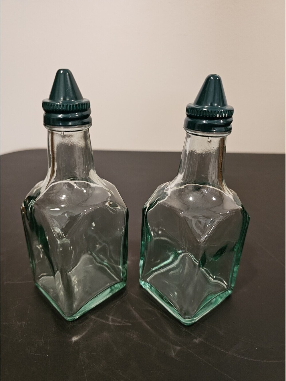 Gemco Green Glass Oil Vinegar Cruets Set of 2 Vintage Metal Spouts